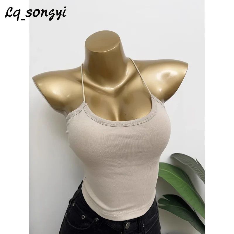 

Lq_songyi Sweet Halter Camis Women Slim Sleeveless Top Spaghetti Strap Crop Tops Korean Style Sexy Solid Basic Camisole