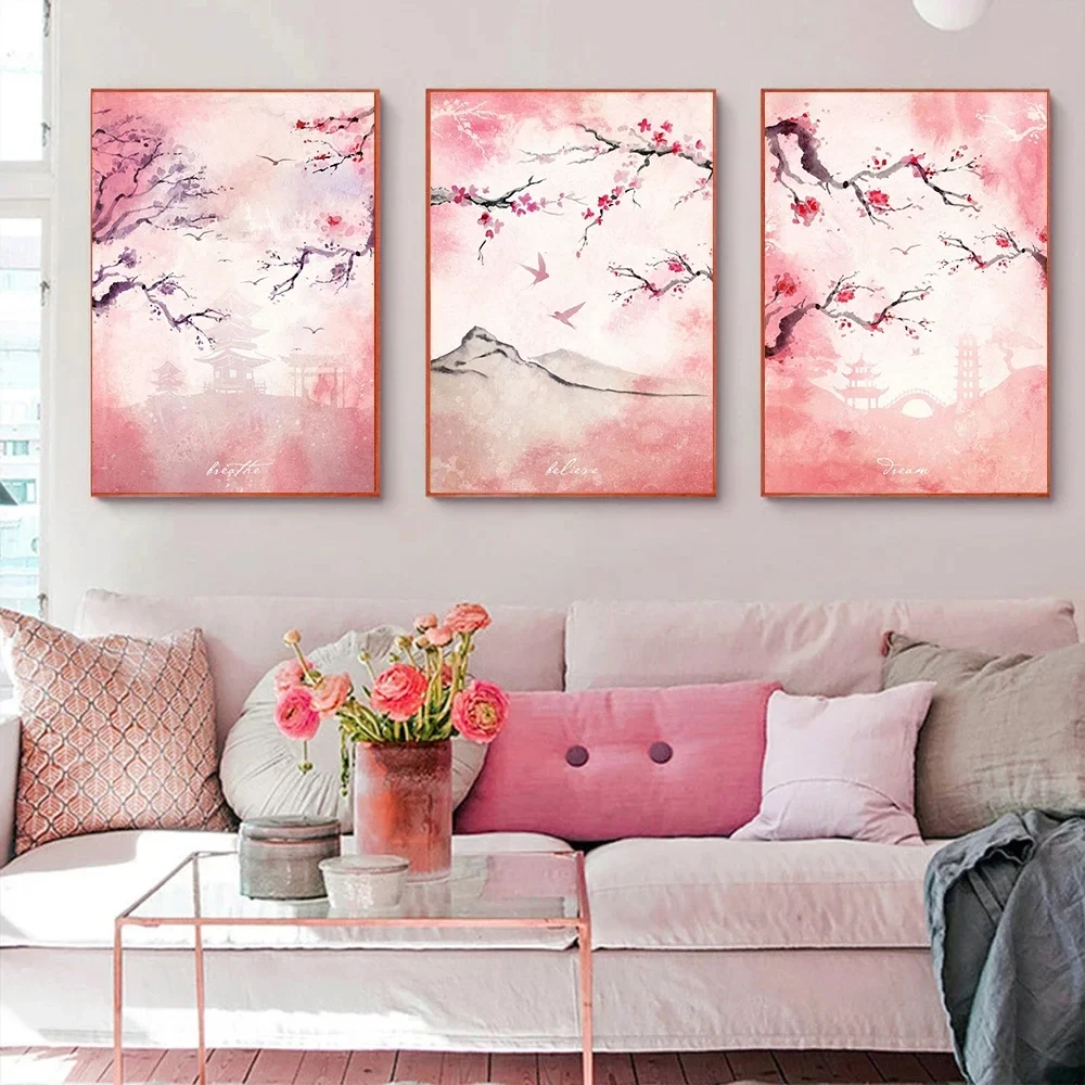 Japanese Sakura Poster Prints Pink Watercolor Cherry Blossom Canvas Painting Wall Art Picture Aesthetic Living Room Home Decor