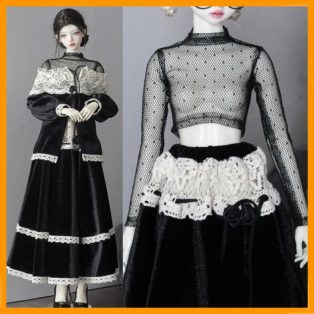 

1/4 1/3 Масштаб Ретро с открытыми плечами Черные бархатные кружевные топы Grand Swing Комплект юбки и сетчатая базовая рубашка для больших кукол BJD Модель тела
