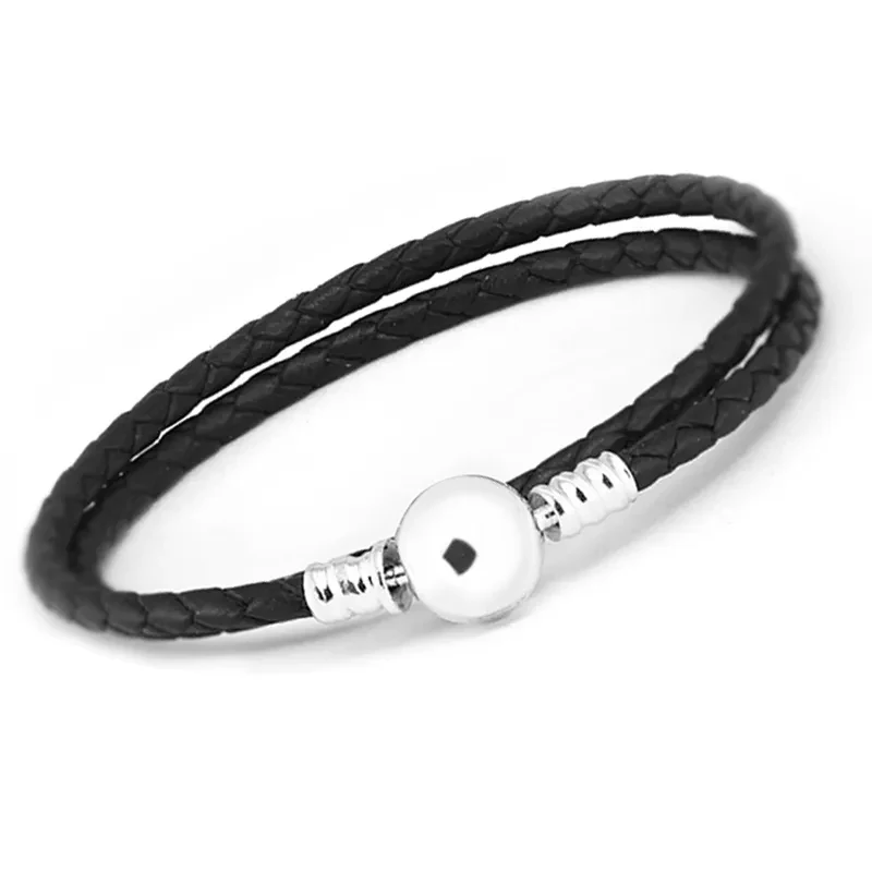 Original pandoraer woven leather rope Bracelet women's simple Silver Color Bracelet DIY Handmade Basic charm Bracelet 38cm