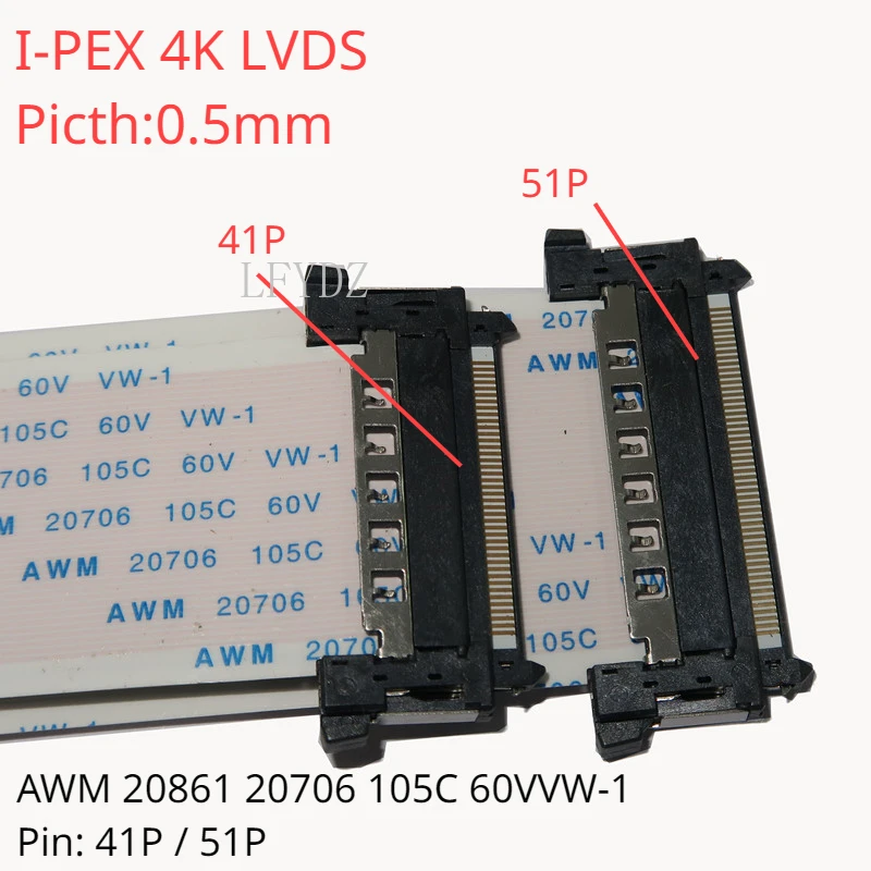 41Pin 51Pin I-PEX 4K LVDS Ultra HD LCD Strip Cable 0.5mm pitch AWM 20861 20706 105C 60V VW-1 V-by One 51P FFC Double Head