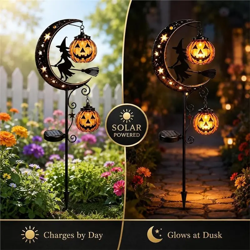 TKOH-Solar Halloween Garden Decorations- Stake Light Featuring Pumpkin Lantern& Crescent Moon For Lawn, Patio, Walkway
