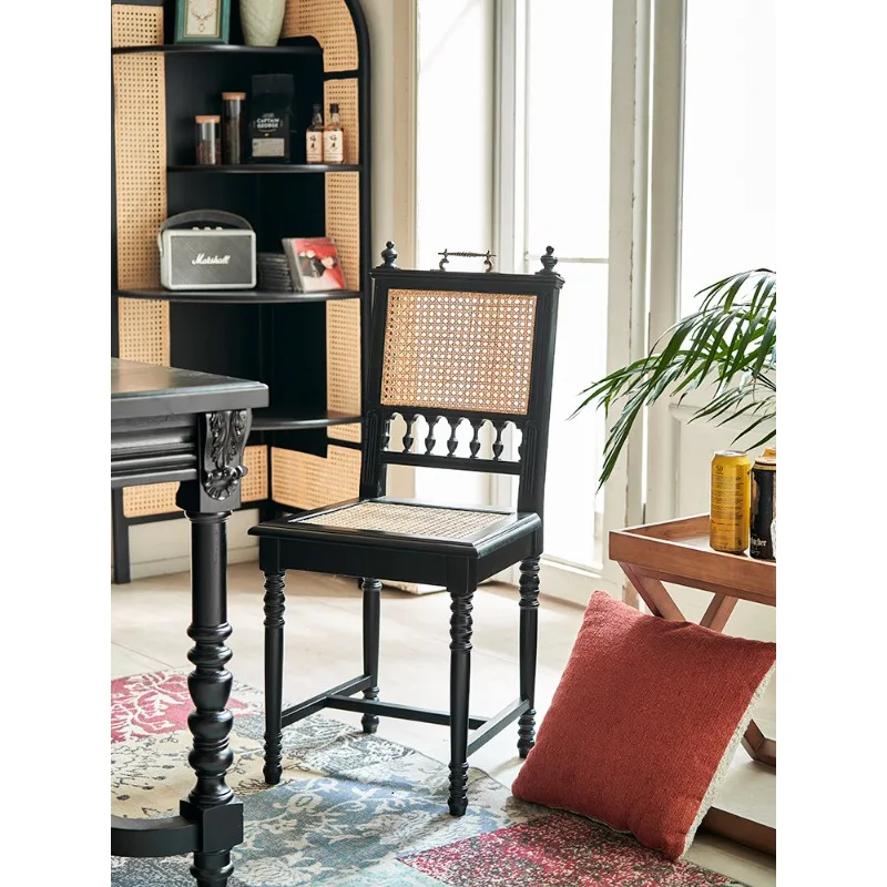 French retro rattan dining chair solid wood chair, restaurant home back chair bedroom dressing stool
