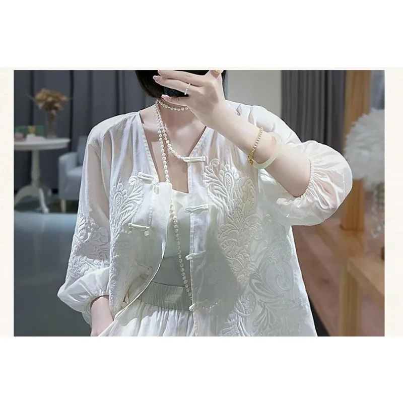 (Plus Liner) New National Style Embroidery Foreign Style Improved Hanfu Buckle High-end Outer Loose Shorts Two-piece Set Suits