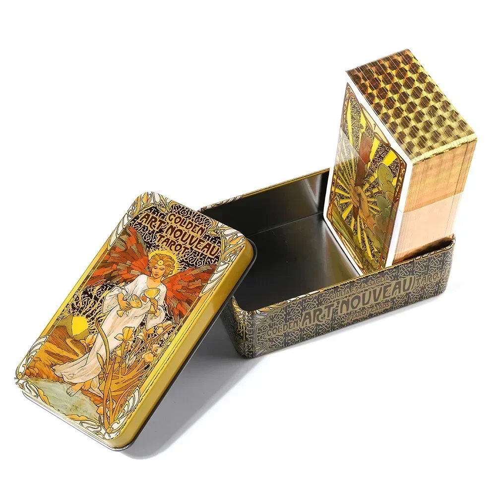 10.3*6 cm Golden Art Nouveau Tarot in A Tin Box with Guidebook 78Pcs Board Game