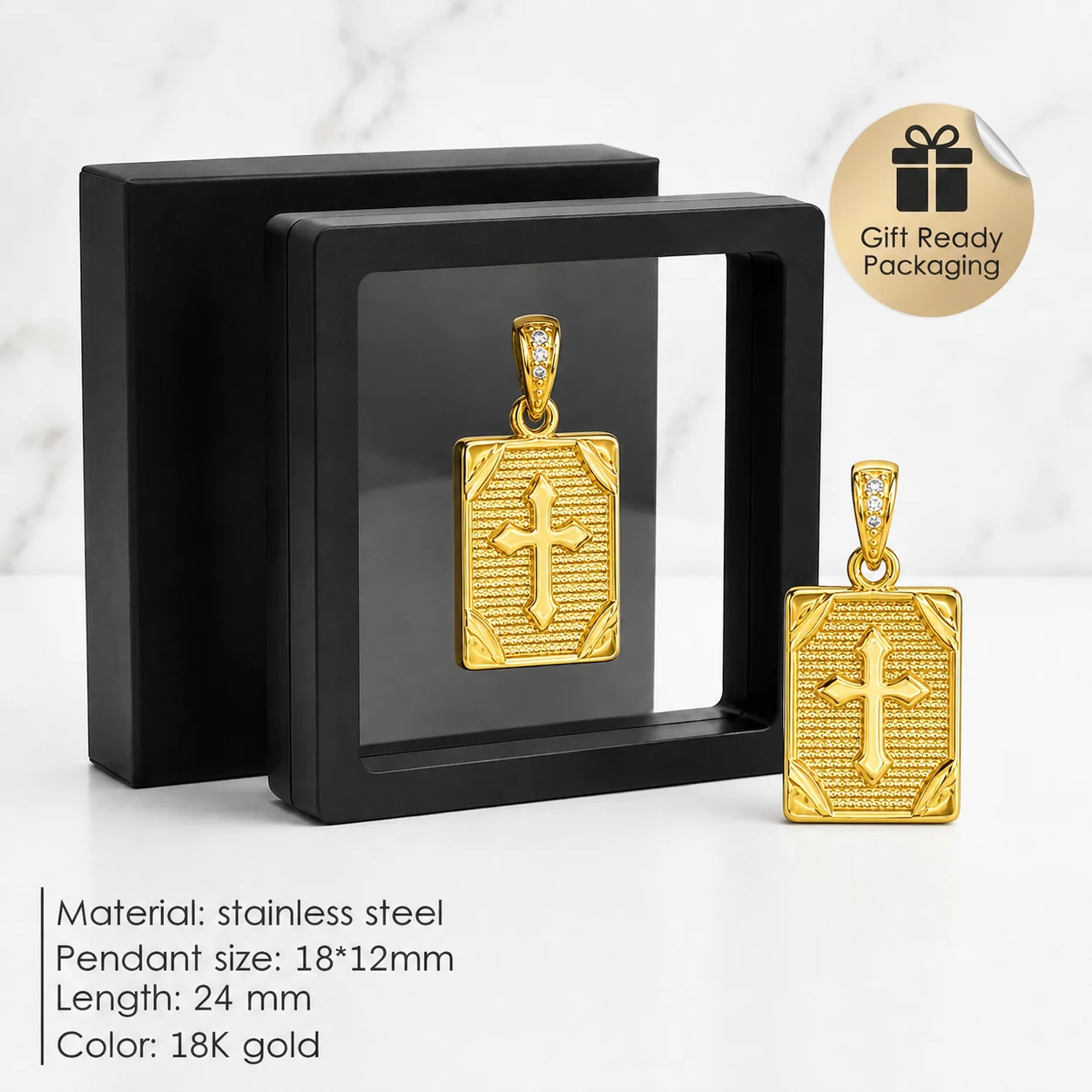 Textured Rectangle Cross Tag Pendant 18K Gold Plated Stainless Steel Cross Charm DIY Necklace Making Findings
