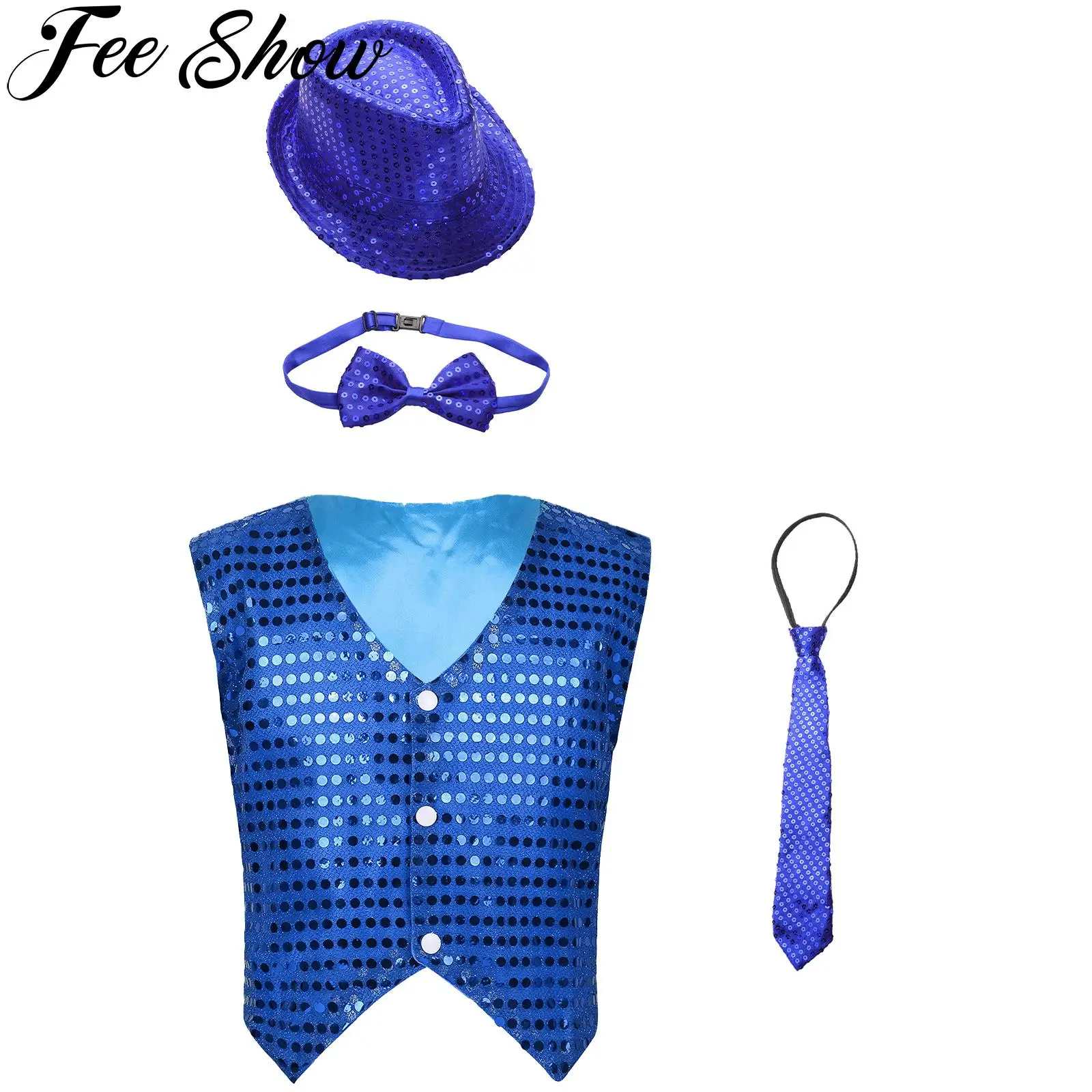 Boys Girls Hip Hop Jazz Dance Costume Glittery Sequins Vest Waistcoat with Hat Necktie Disco Party Stage Performance Dancewear