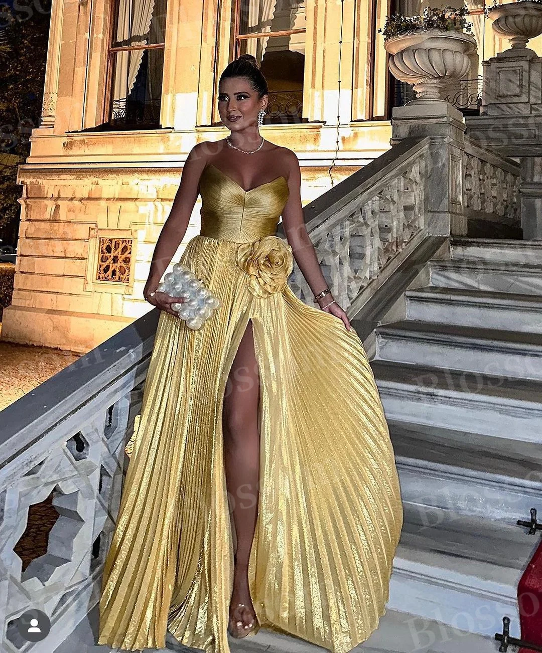 Robe de Soirée Trapèze Plissée à Paillettes Dorées, Faite à la Main, Fente Haute, Tenue de Bal Saoudien, 2024