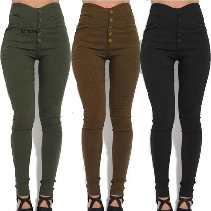 

Fashion Pencil Pants Women's High Waist Skinny Stretch Slim Fit Trousers Stylish Female Black/Army Green/Brown Button Long Pants