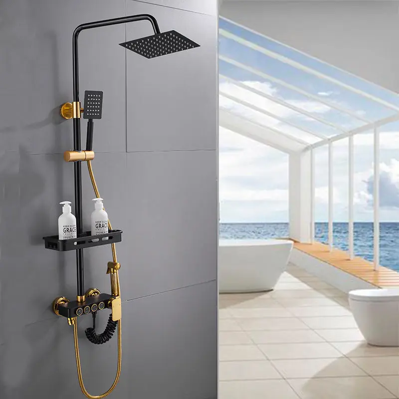 

Brass Thermostatic Shower Set Black with Gold 4 Functions Shower System Wall Mounted Bathroom Shower Faucet