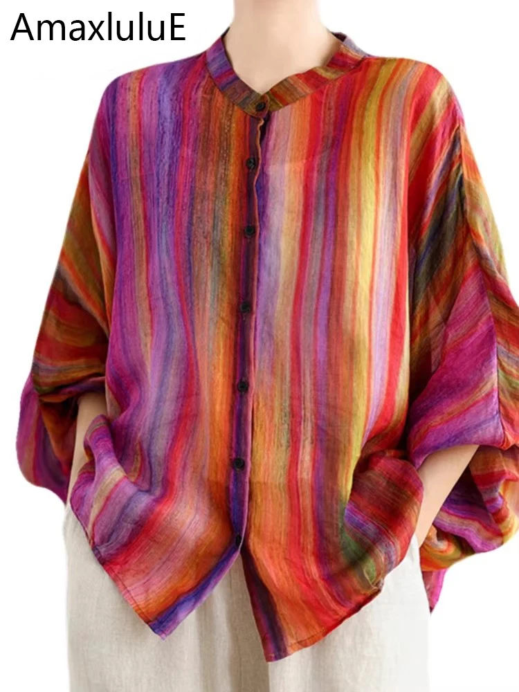 

Amax luluE 2025, корейские летние женские модные полосатые рубашки больших размеров с принтом, свободные топы для отдыха, женские винтажные классические блузки