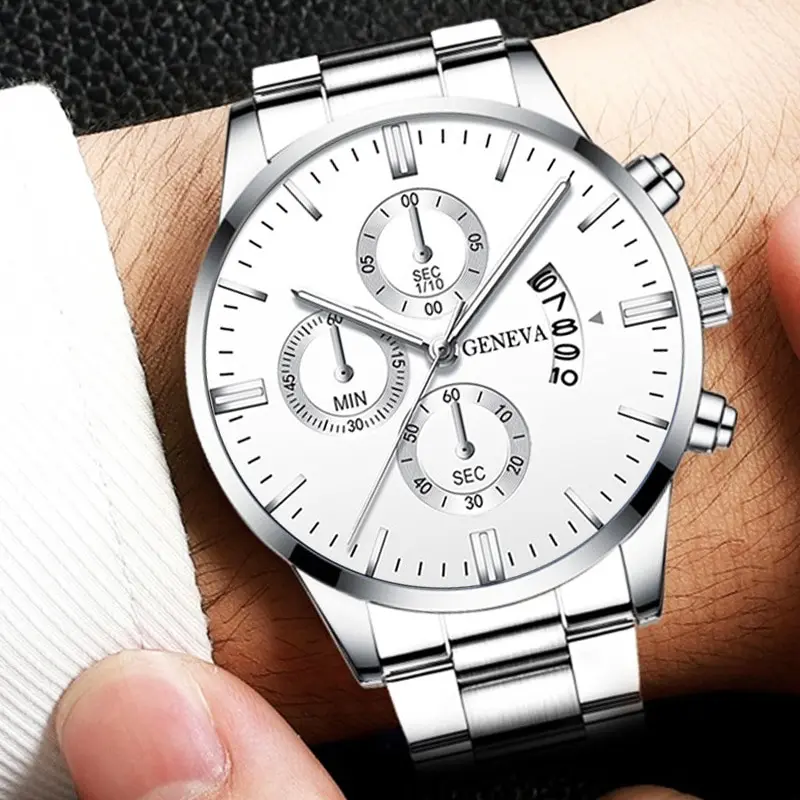 2023 Fashion Mens Watches for Men Luxury Silver Stainless Steel Quartz Wrist Watch Man Business Calendar Watch Reloj Hombre