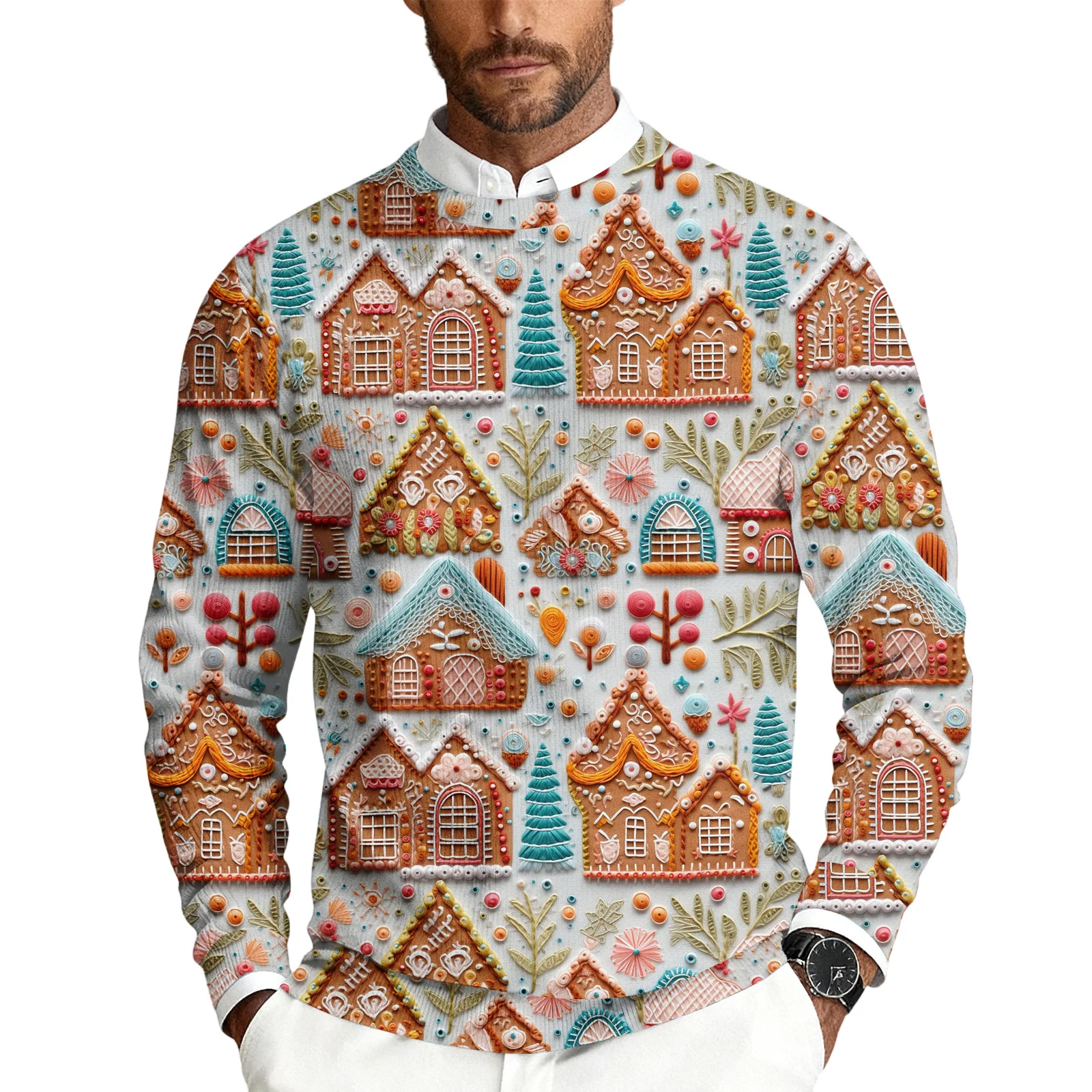 Sweater Rajut Pria Motif Natal Kerah Bulat Lengan Panjang Model Longgar Kasual Bisnis