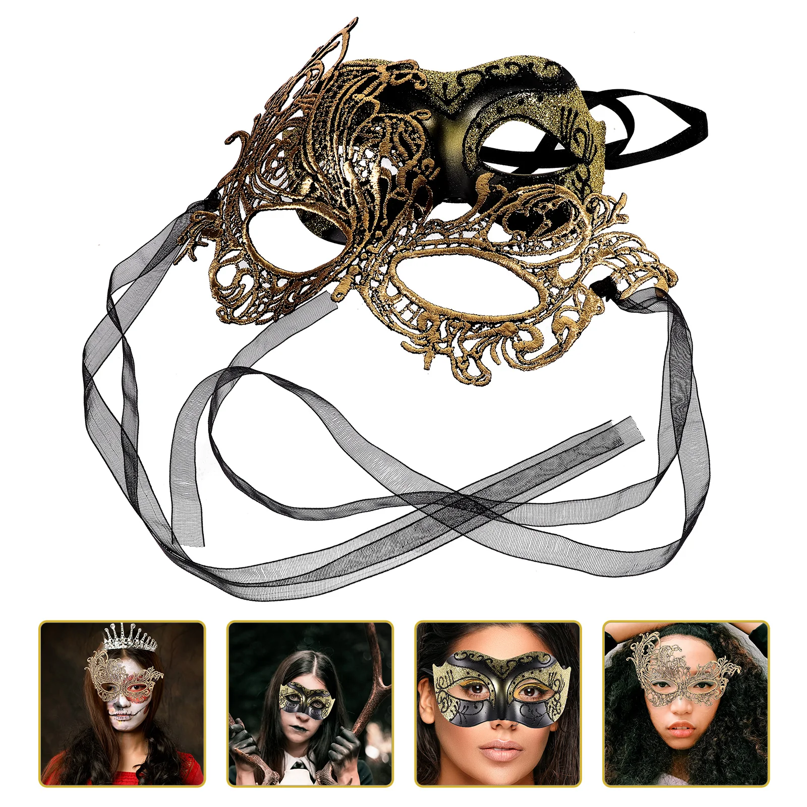 

2Pcs Masquerade Masks Golden Plastic Lace Half Face Masks for Party Halloween Cosplay Costume Women Men