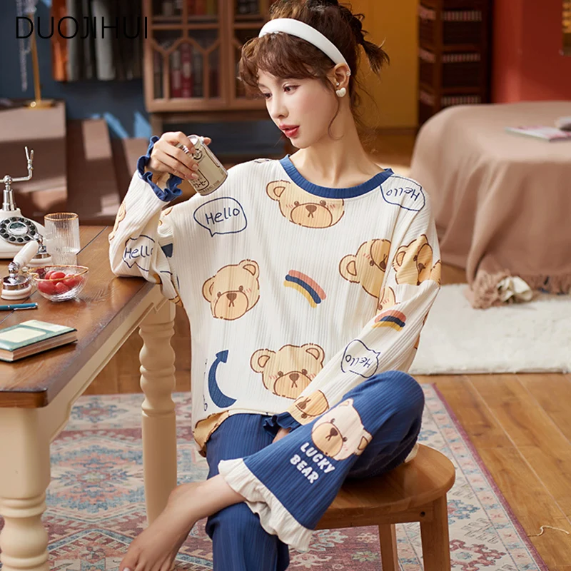 DUOJIHUI-Pyjama Coréen à Imprimé Chicly pour Femme, Ensemble Deux Pièces, Classique, Col Rond, Pantalon Simple, Mode Décontractée, Printemps