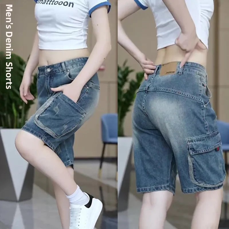 

Мужские джинсовые шорты в американском стиле, прямые, рабочие, повседневные, летние, модные, брендовые джинсы