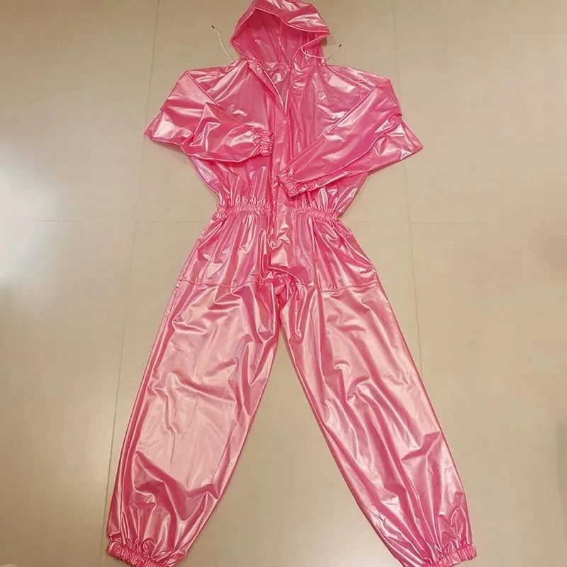Man Jumpsuit Handmake Pink Clear PVC Waterproof Long Sleeve Hooded Rainproof DJ Club Bar Cool Costumes