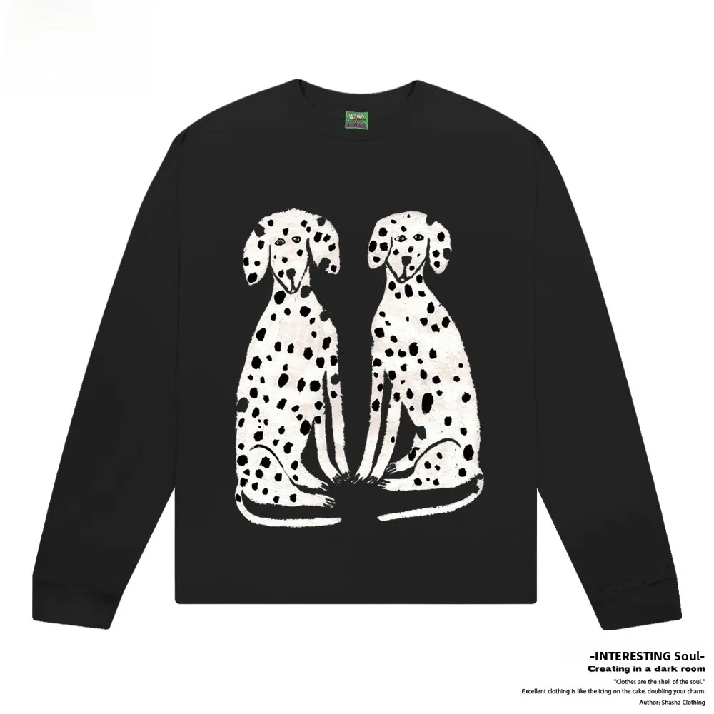 

Creative Style Long Sleeve T-Shirt Interesting Soul Two Spot Dogs Sketch Cartoon Unisex Cotton UPF40+ Sun Protection Clothing