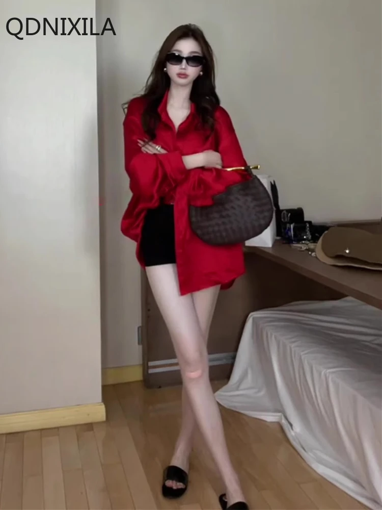 2025 Spring,New,Red Long Sleeve,Women Shirt,Chiffon Blouse,Vintage British Style,korean Reviews Many Clothes,tops for Woman