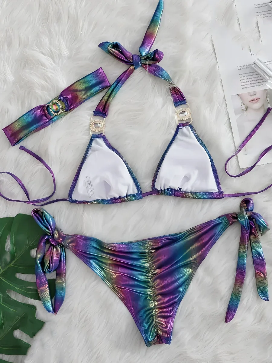 Halter Gradient Rhintstones Diamond Bikini Women Swimsuit Female Swimwear Three Pieces Bikini Set Brazilian Bathing Suit Swim