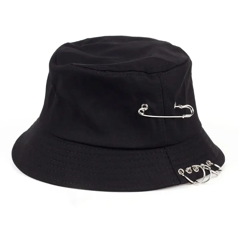 Solid Color iron pin rings personality Bucket Hat cap for unisex women men cotton fishermen caps