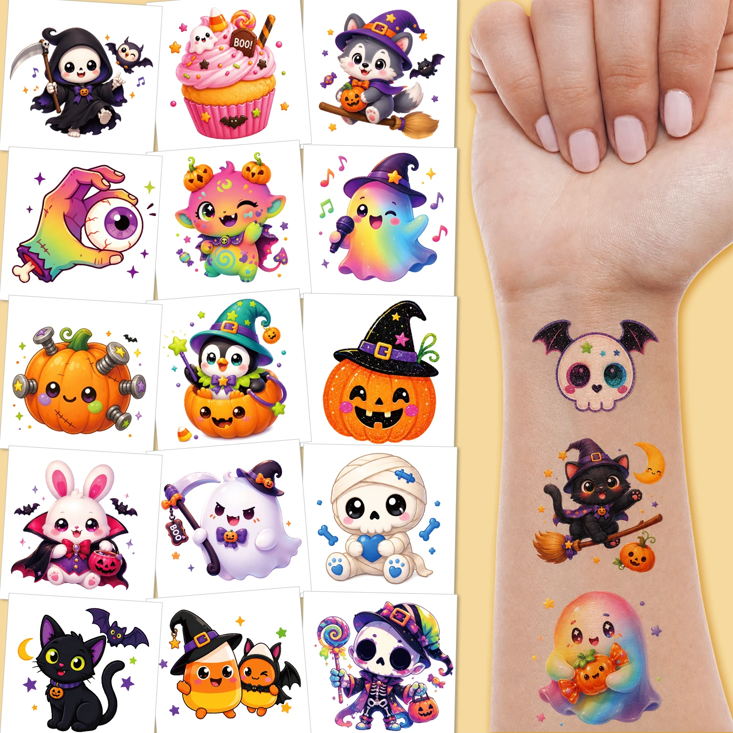 Pre Cut 108 Pcs Halloween Temporary Tattoos Stickers, Featuring Horror Pumpkins, Skeletons, Spooky Ghosts, Spider Webs, and More