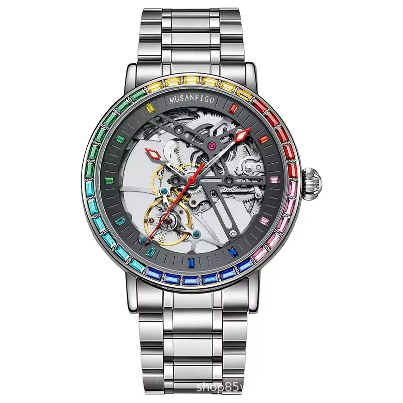 MUSANFIGO Rainbow Colored New hollowed out fully automatic mechanical watch color diamond stainless steel luminous waterproof