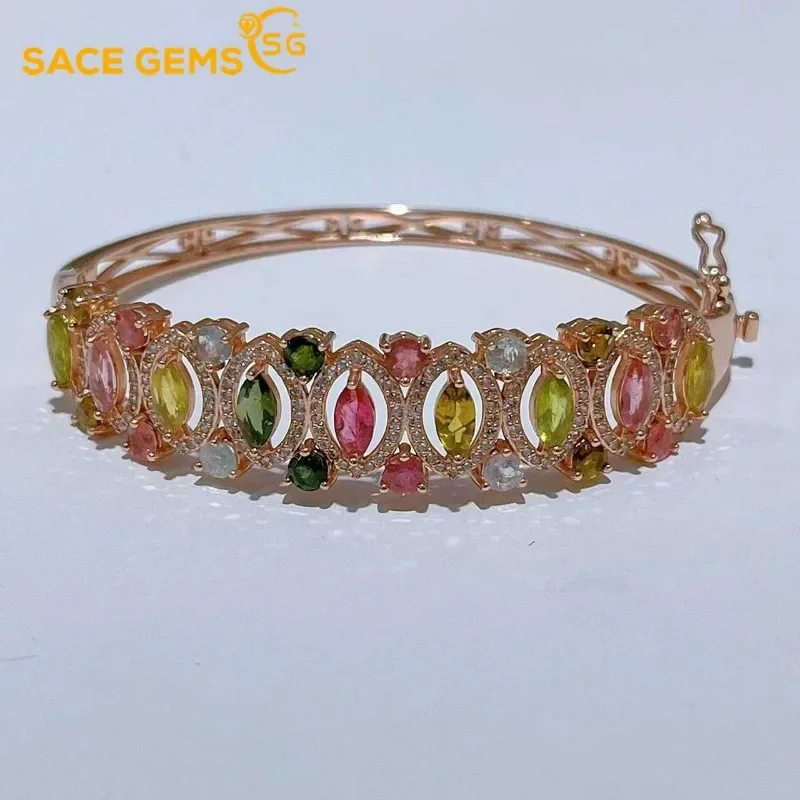 SACE GEMS New Certified 3.5*7mm Natural Tourmaline Bracelets 925 Sterling Silver 19cm for Women Engagement Party Fine Jewelry