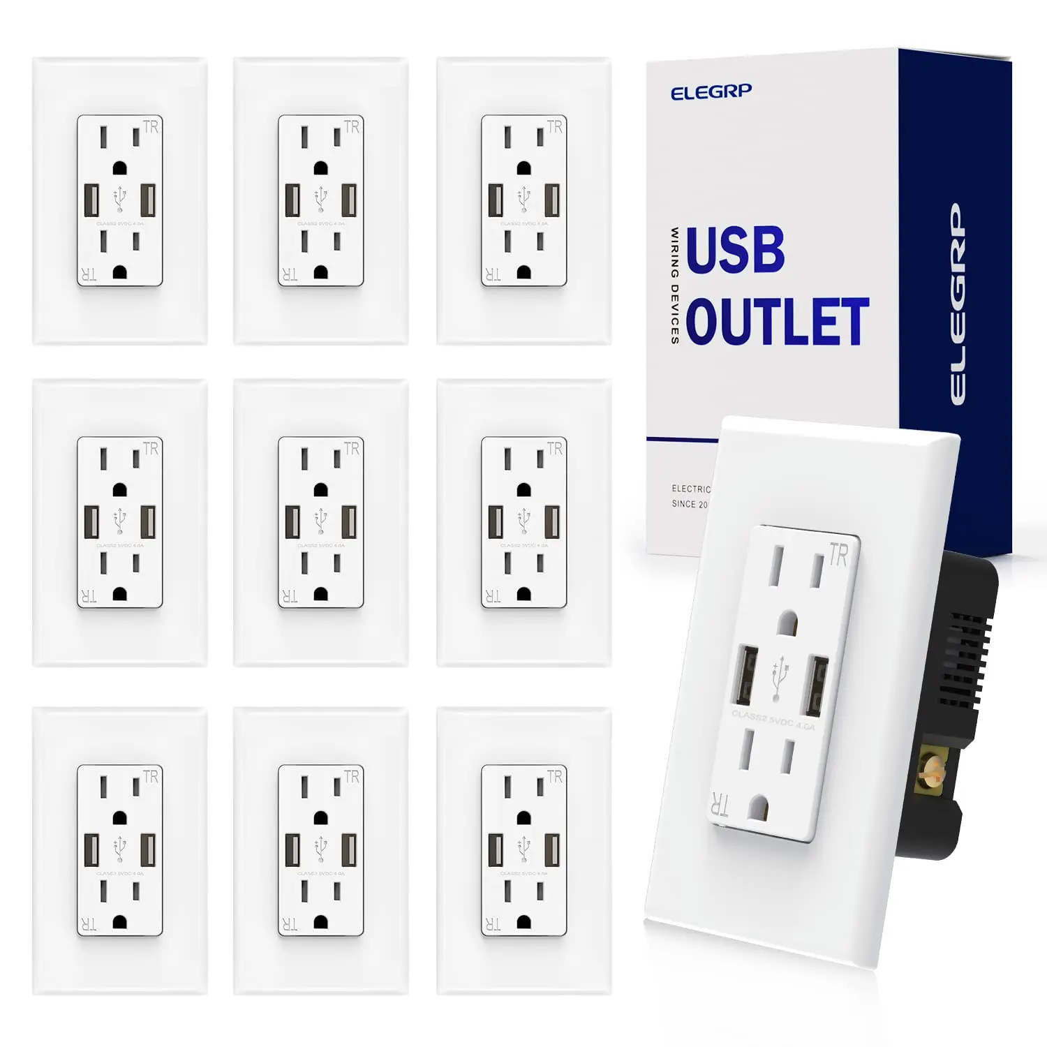 ELEGRP USB Wall Outlet Receptacle with Dual 4.0 A USB Ports, 15 Amp Duplex Tamper Resistant Receptacle, Charging Power Outlet wi