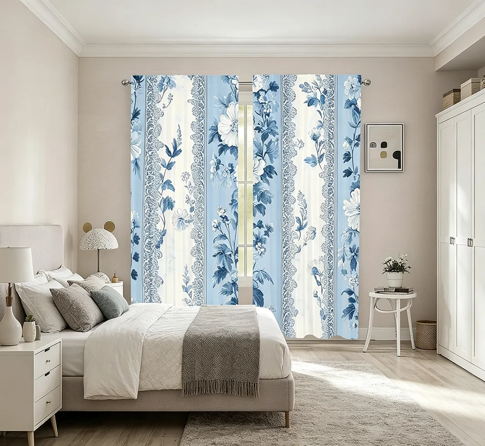 2PCS Digital Printed Curtains, Blue White Lace Pattern, Vintage French Romantic Style for Living Room Bedroom Home Decor