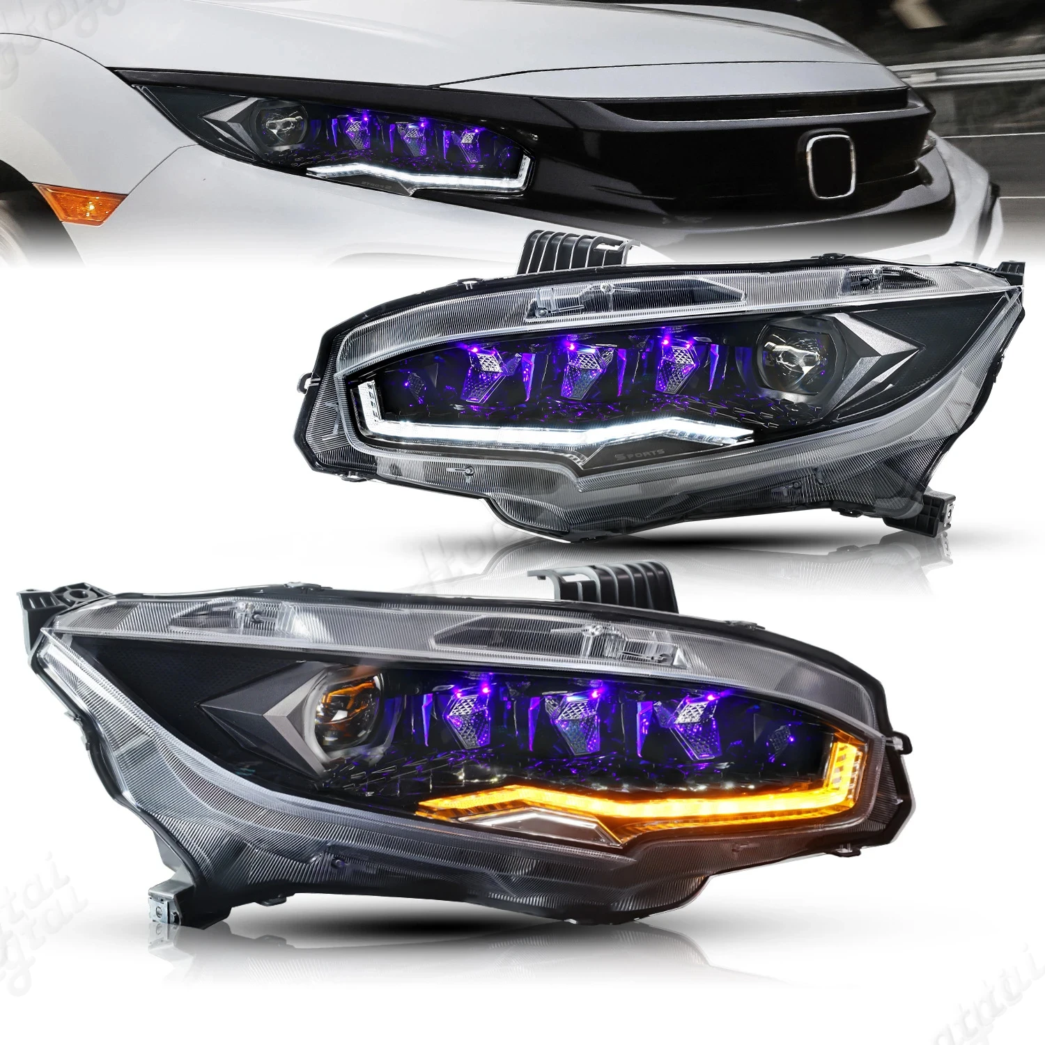 For 16-22 Honda civic Ten generations Star Diamond LED lens headlight assembly retrofitted LED daily running light running light