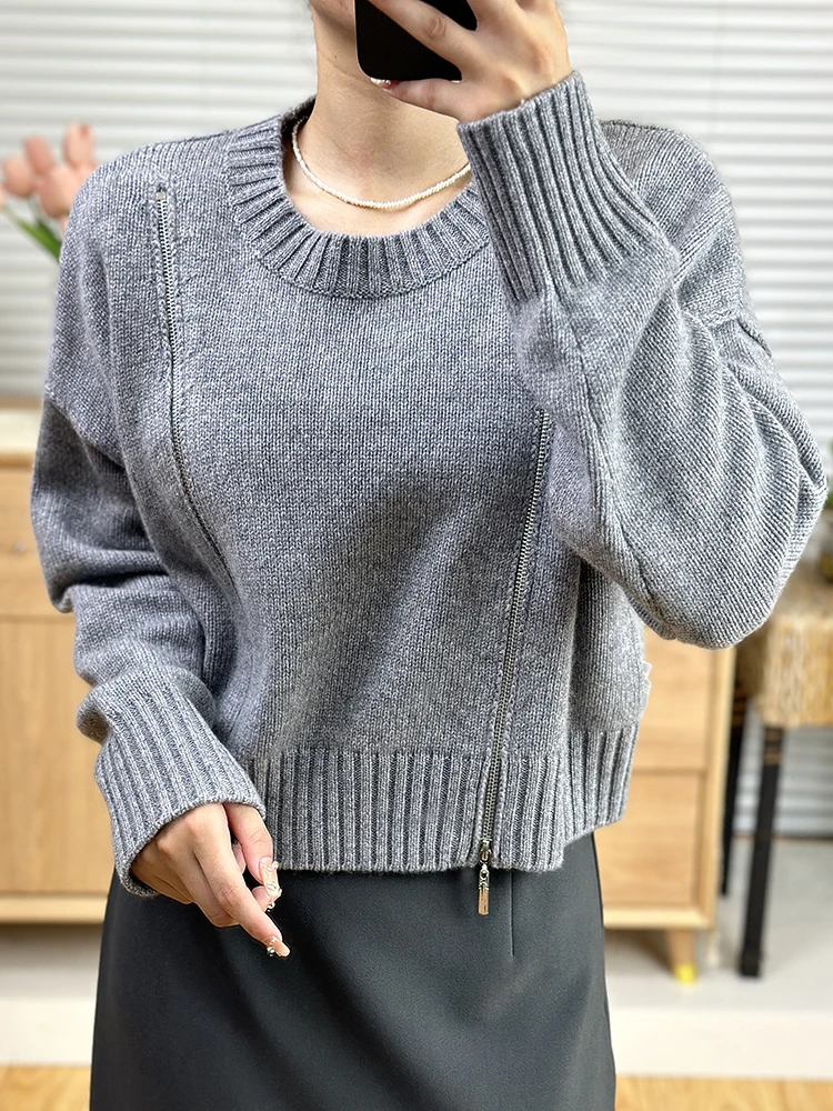 High-End Zipper Cashmere Sweater, Round Neck, Loose Long Sleeve, Joker Lazy Wind, Europe Station, Autumn