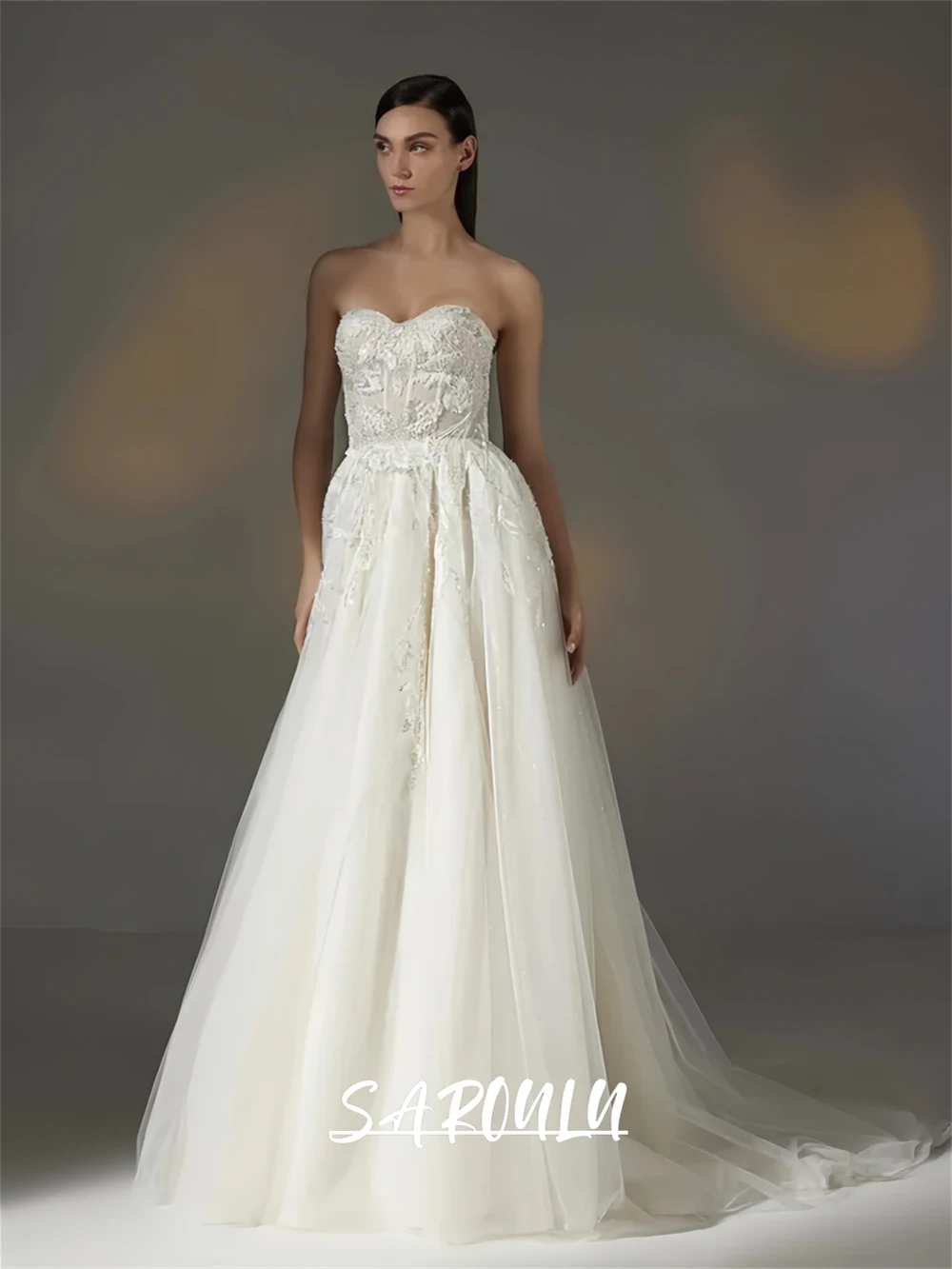 

Strapless Tulle Bride Dress 2025, Lace Long Wedding Dresses for Women, Zipper Closure Court Train Customized Bridal Gown