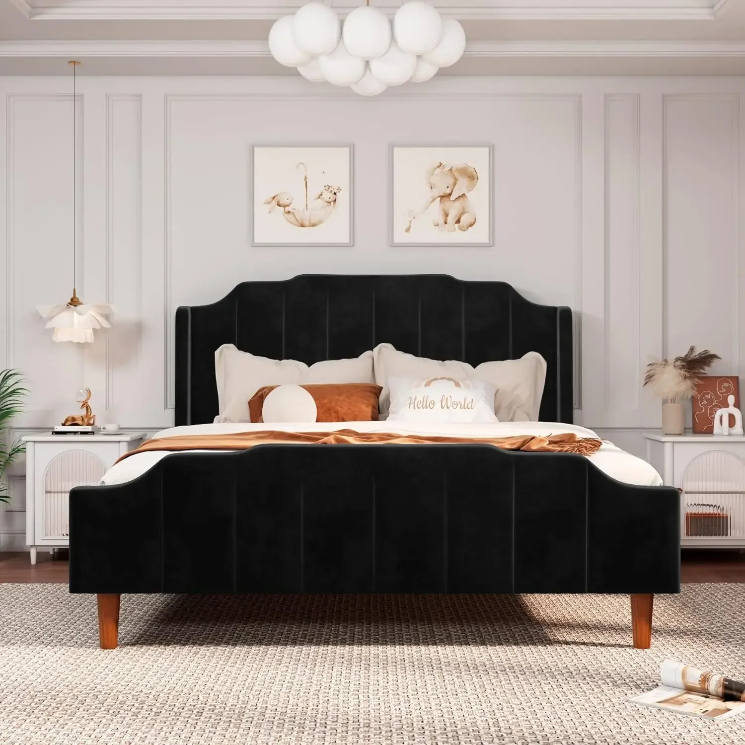 Allewie Queen Size Velvet Bed Frame Upholstered Platform Bed with Vertical Headboard and Footboard, Solid Wood Leg and Strong Sl