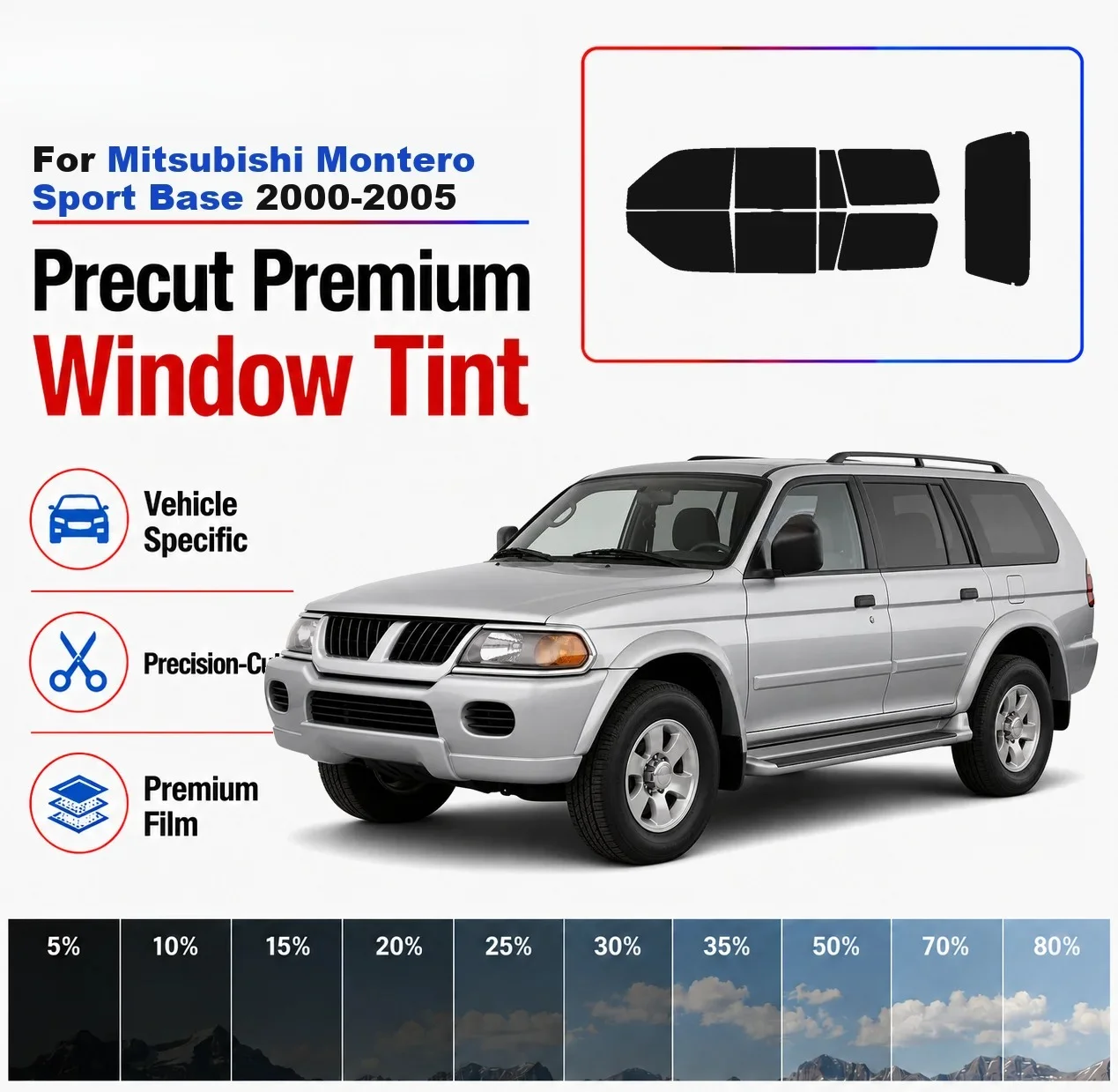 Premium Precut Window Tint Kit Front Rear Windows Rear Windshield For Mitsubishi Montero Sport Base 2000-2005 Nano Ceramic Film