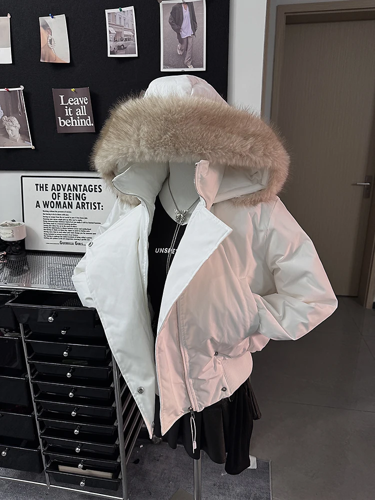 

White ort Cotton Jaet Women's Winter Faion Small Size High-End Feel New Sle Large Fur Collar Waist-Cinching Coat