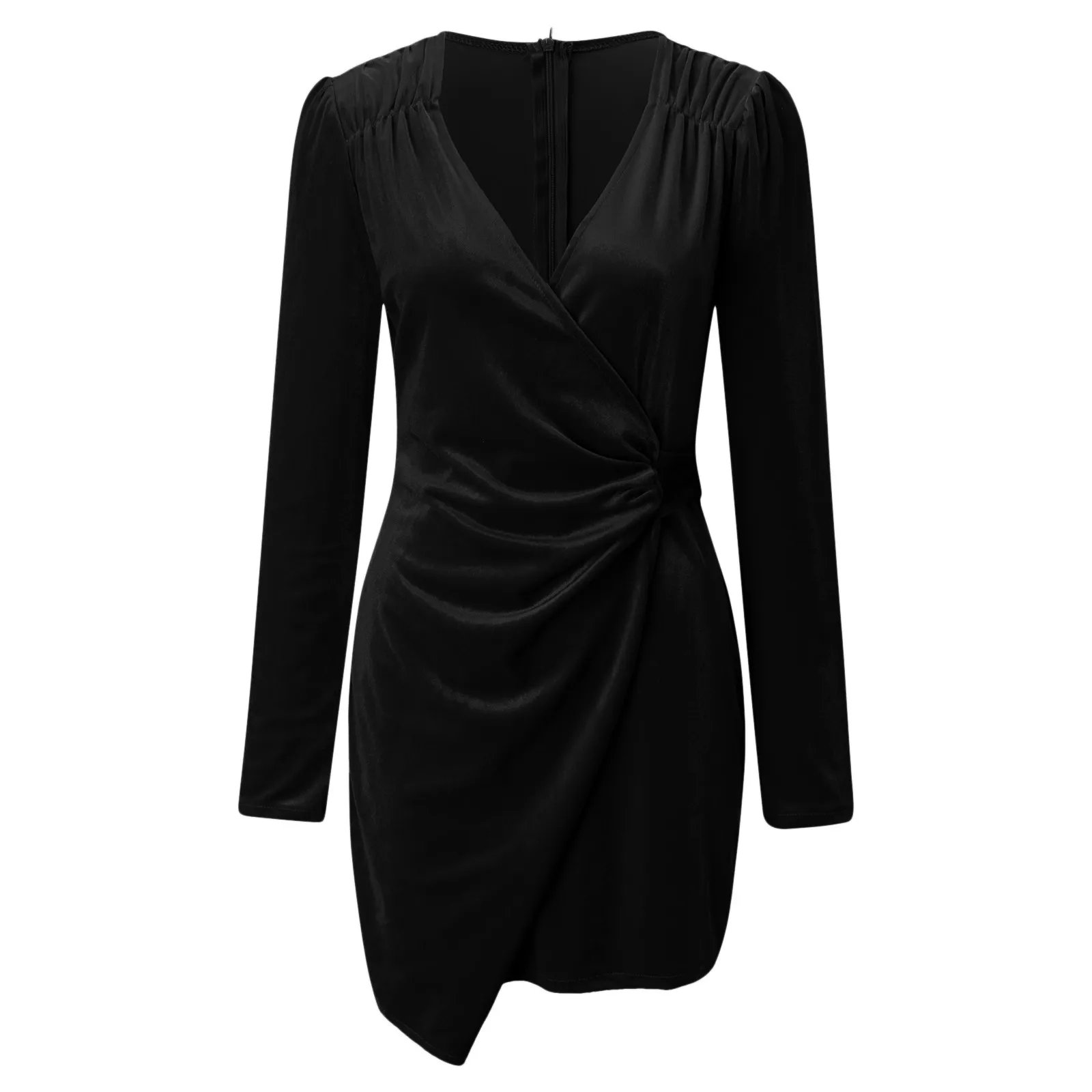 Vestido de manga comprida com decote em v profundo feminino, Monocromático, Elegante, Formal, Sexy, Feminino, Coquetel, Noite