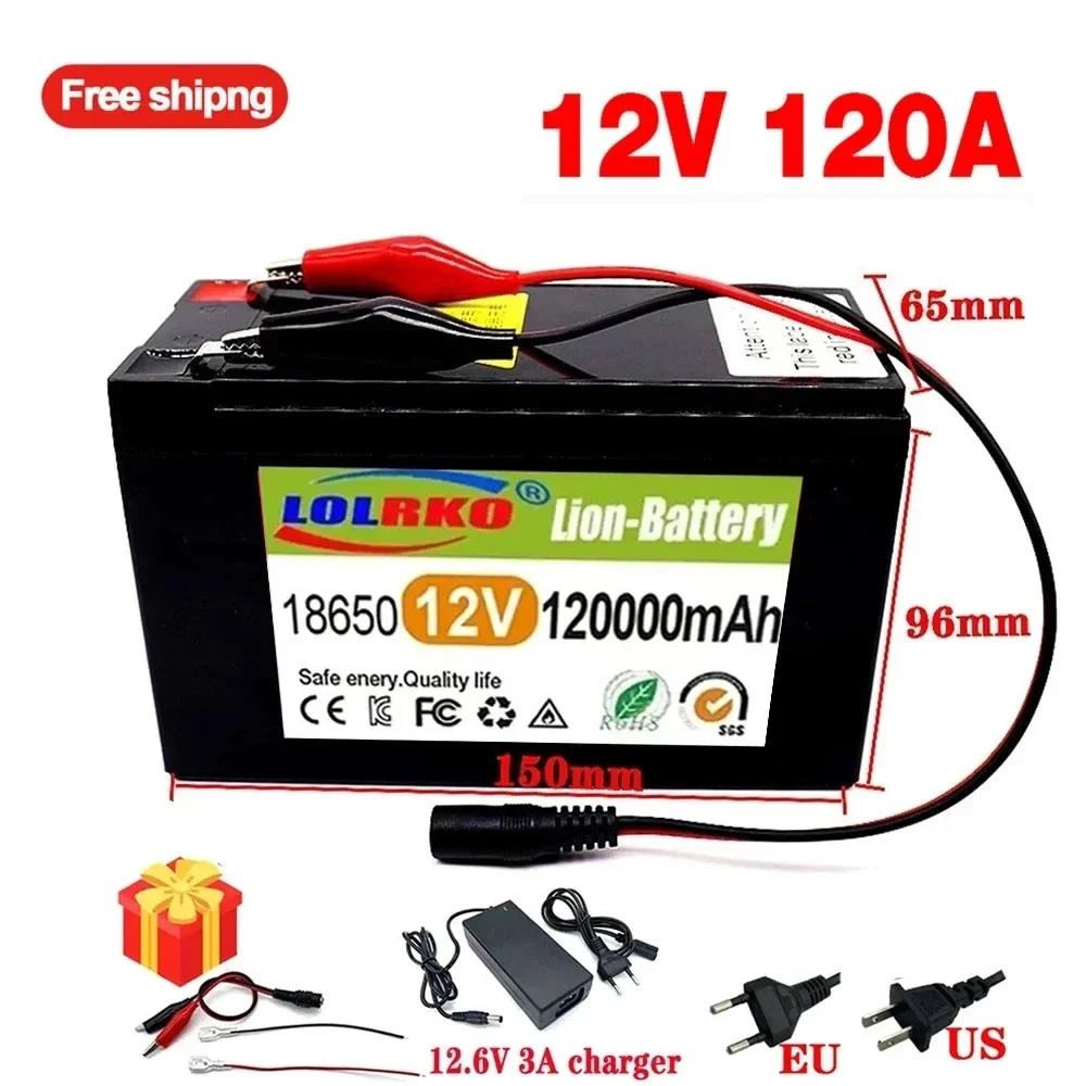 2024 New 12V 120Ah 18650 lithium battery for Solar Panels 30A built-in high current BMS electric vehicle battery +12.6V charger