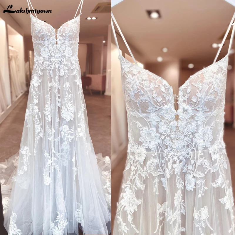 

Sexy Bridal Wedding Dress Open Back Customized Boho Wedding Gowns Spaghetti Straps lace Beach dress Vestidos Robe de mariee