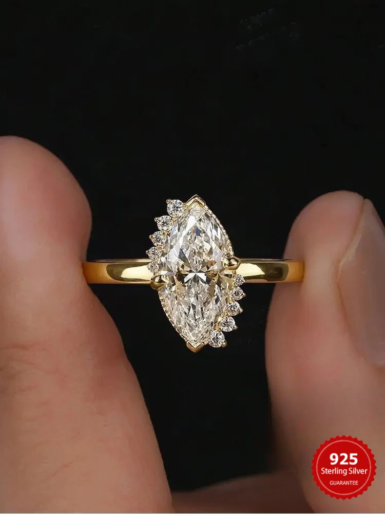 

925 Sterling Silver Fashion Shiny Golden Marquise Zircon Ring For Women Engagement Wedding Simple High Quality Fine Jewelry