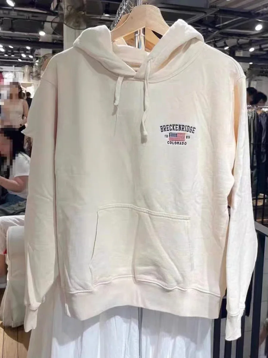 

American Vintage Flag Letter Embroidery Hoodie Autumn Drawstring Hooded Pocket Sweatshirt Female Sweet Cute Y2k Hoodies