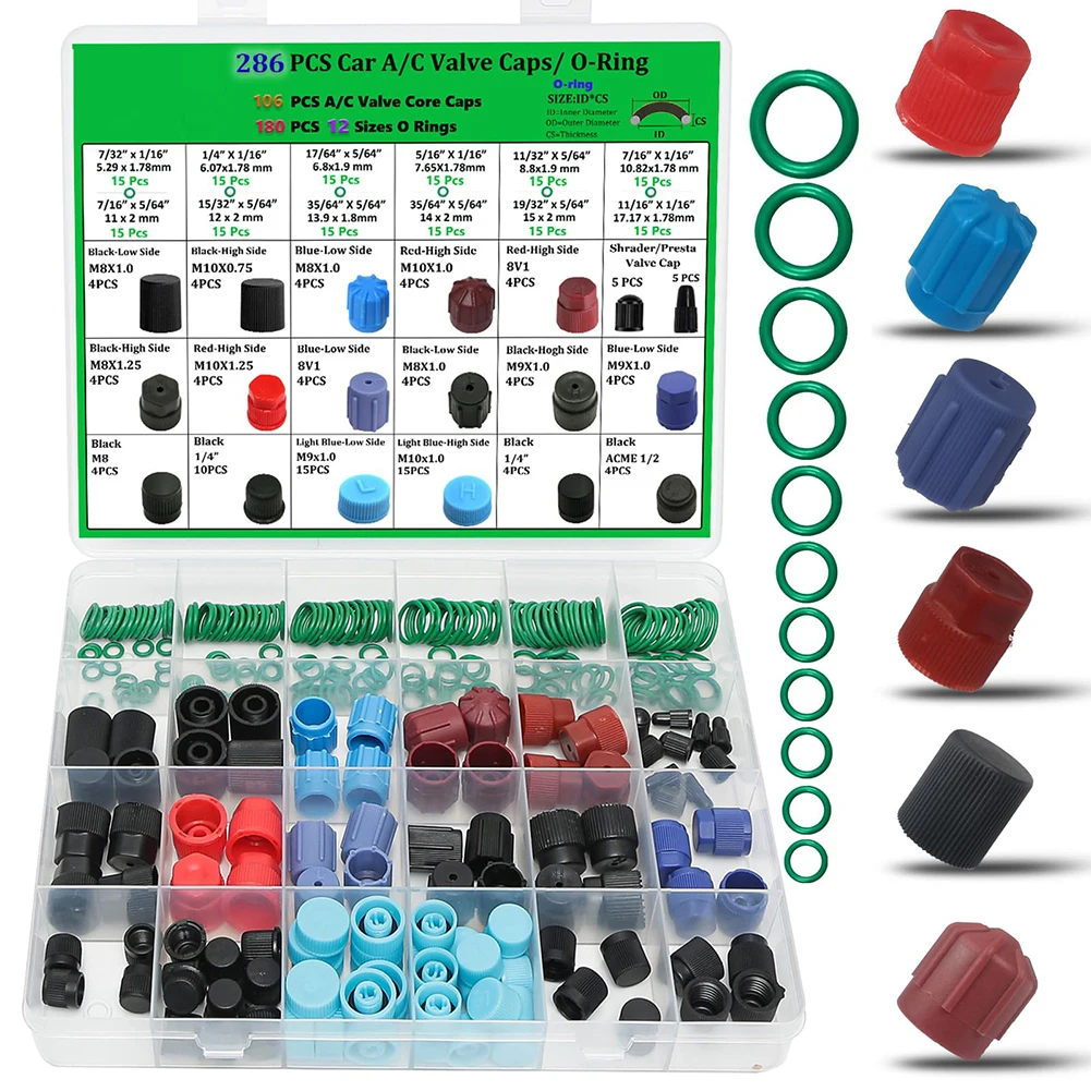 

286Pcs R134a AC Valve Cap Kit With 180 O-Rings For Car Air Conditioning Repair Seals Covers Car Wash Maintenance Tools