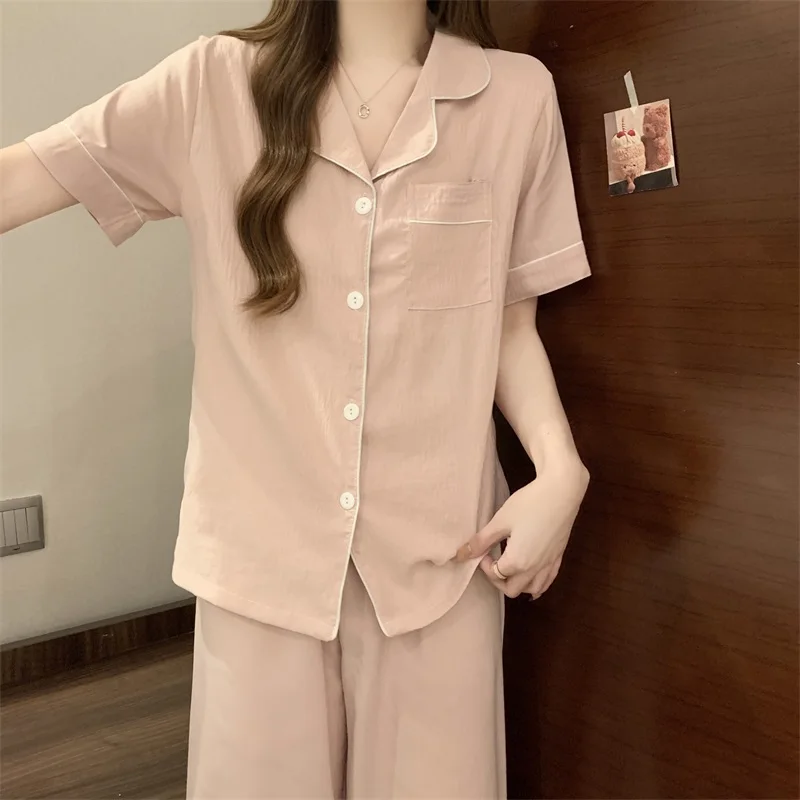 DAIMELU Short-sleeved trousers pajamas women's summer woven cotton lady sleepwear simple nighty thin loungewear girl nightwear