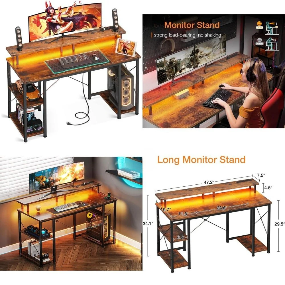 

Игровой стол с LED-подсветкой, 48 дюймов, с розетками, подставкой для монитора и полками для хранения, для домашнего офиса и винтажного стиля