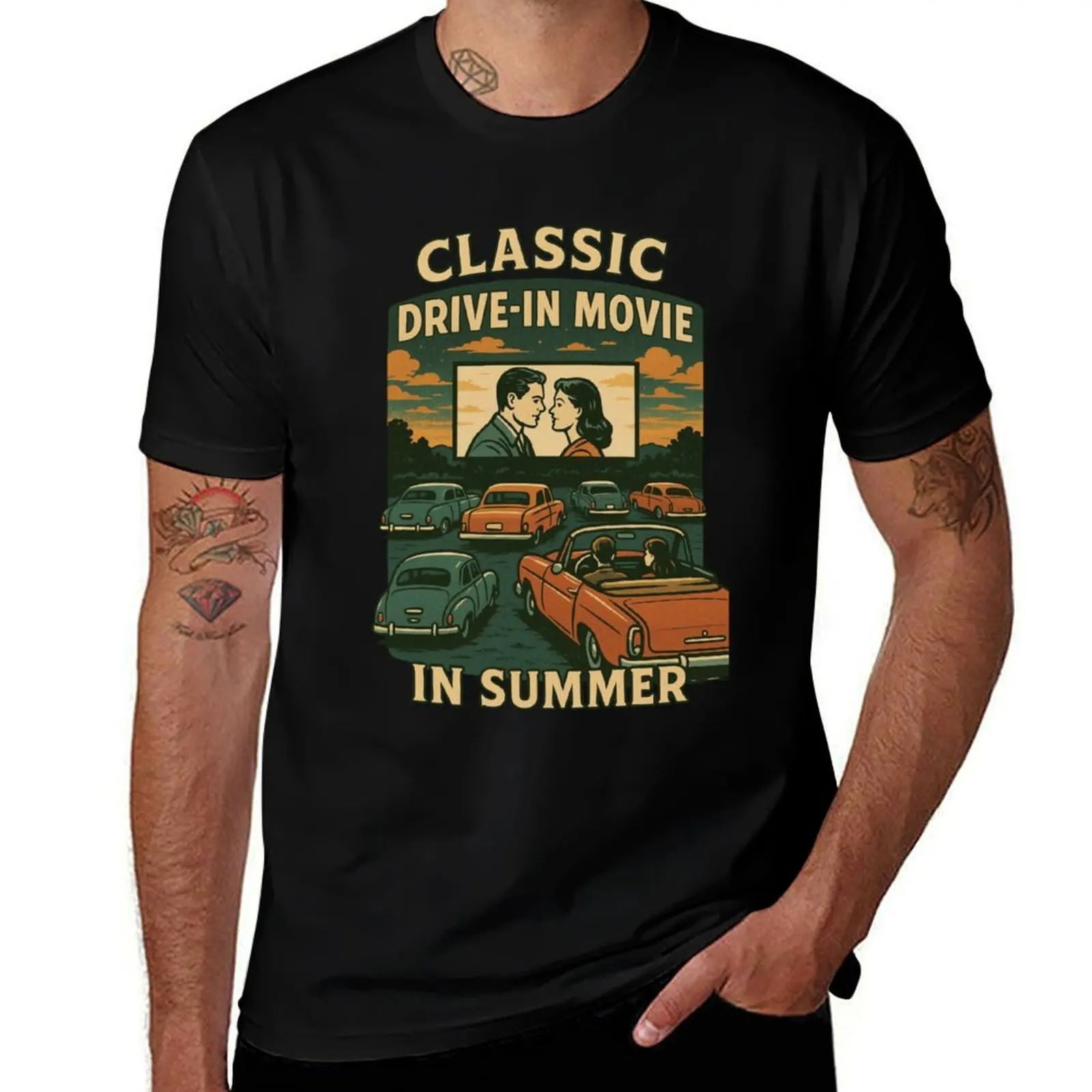 

Retro Drive-In Movie Summer Vibes T-Shirt Vintage Romance Night Out Tee T-Shirt football t shirt tops designer t shirt men