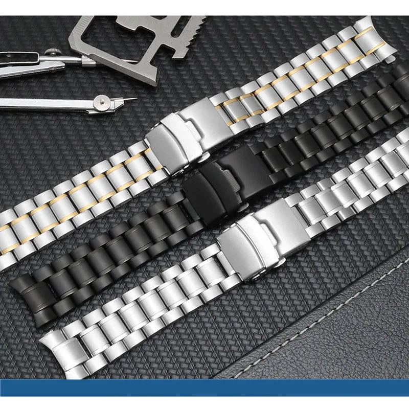 2 in 1 Straight Curved End Stainless Steel Links Watch Band Strap 18mm 20mm 22mm 24mm Metal Wristwatch Bracelet Watchbands