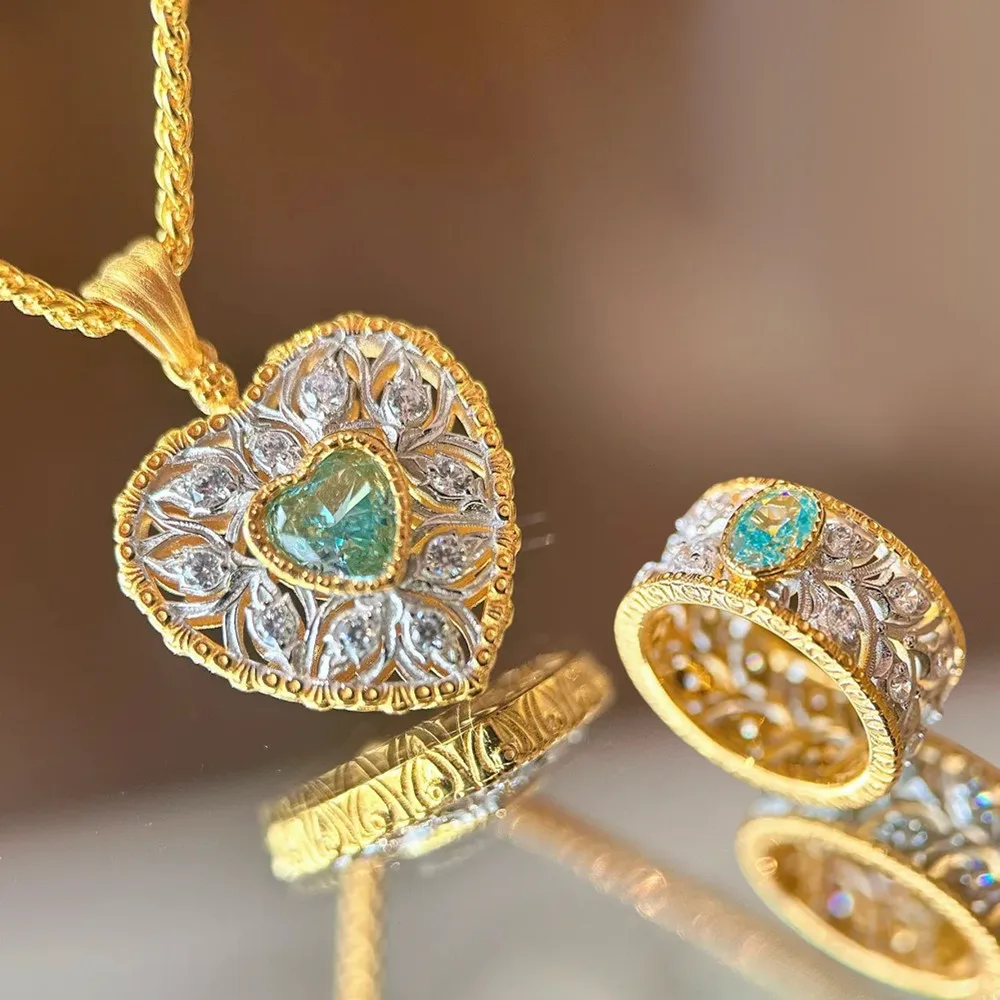Italian Vintage Royal Hollowed Love Heart Pendant Necklaces for Women 18K Gold Filled Pure Silver 925 Luxury Jewelry Sets Gifts