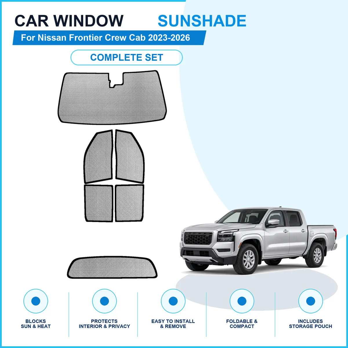 For Nissan Frontier Crew Cab 2023-2026 Custom Full Set Window Sunshades Aluminum Foil Suction Cup Anti UV Privacy