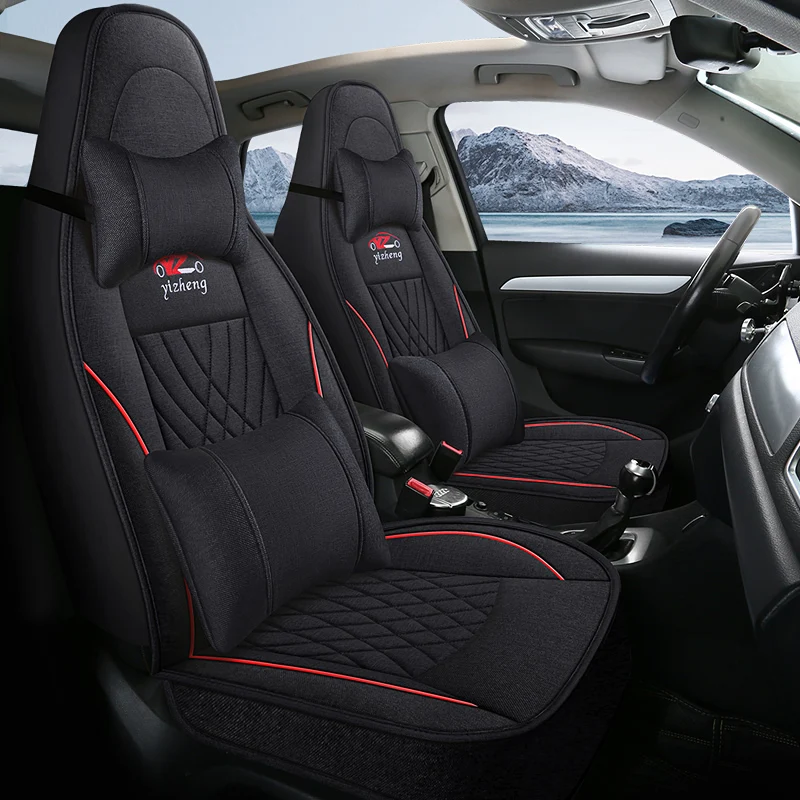 (Luxury Edition) Single Front Seat, Equipped with 1 Headrest and 1 Lumbar Support, Luxurious Linen Full-Cover Integrated Car Seat Cover, Universal, Breathable and Wear-Resistant, Fits the Seat Well, Suitable for All Seasons, Fashionable and Aesthetically Pleasing, with 3D Side Support, Airbag Compatible, Enhances Driving Experience, Suitable for Various Models Such as Sedans, Suvs, Trucks