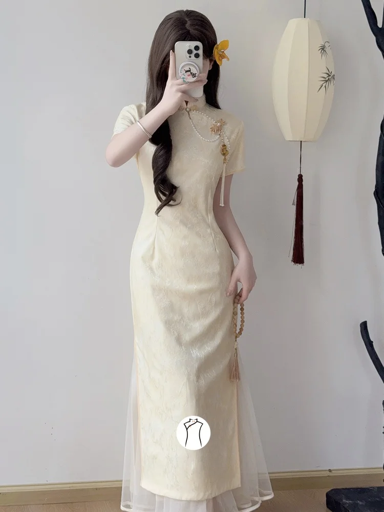 

Yellow New Chinese Style Qipao Young Girl Beautiful Atmosphere High-End Feeling Short Sleeve Long Qipao for Young Girls